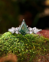 DARCIE Kite Cut Moss Agate Engagement Ring With Moissanite Side Stone