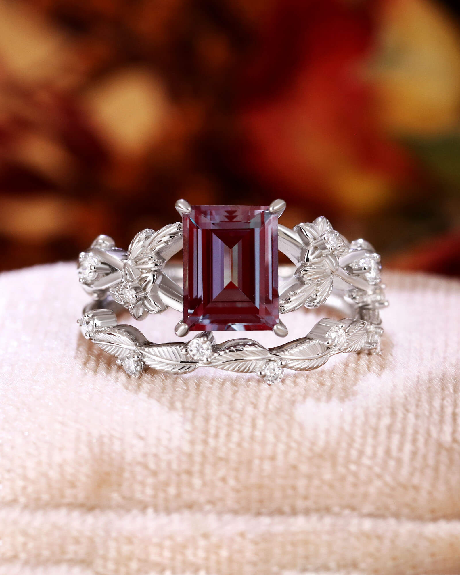 CLEMENTINE Emerald Cut Alexandrite Bridal Ring Set Nature Inspired Leafy Ring Set CLEMENTINE Emerald Cut Alexandrite Bridal Ring Set Nature Inspired Leafy Ring Set