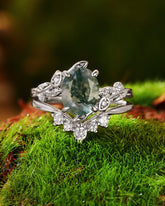 ORNELLA Oval Cut Moss Agate Leafy Vine Flower Fairy Bridal Ring Set 2pcs