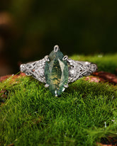 QUESTA Marquise Cut Moss Agate Leaf and Knot Love Engagement Ring