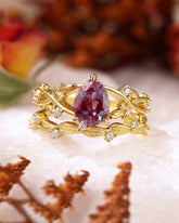 ASHLEY Pear Cut Lab Alexandrite Leafy Engagement Ring Set 2pcs