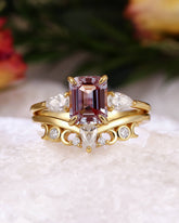 THEIA Unique Emerald Cut Wedding Ring Set Alexandrite moon & sun Inspire Bridal Set-2pcs