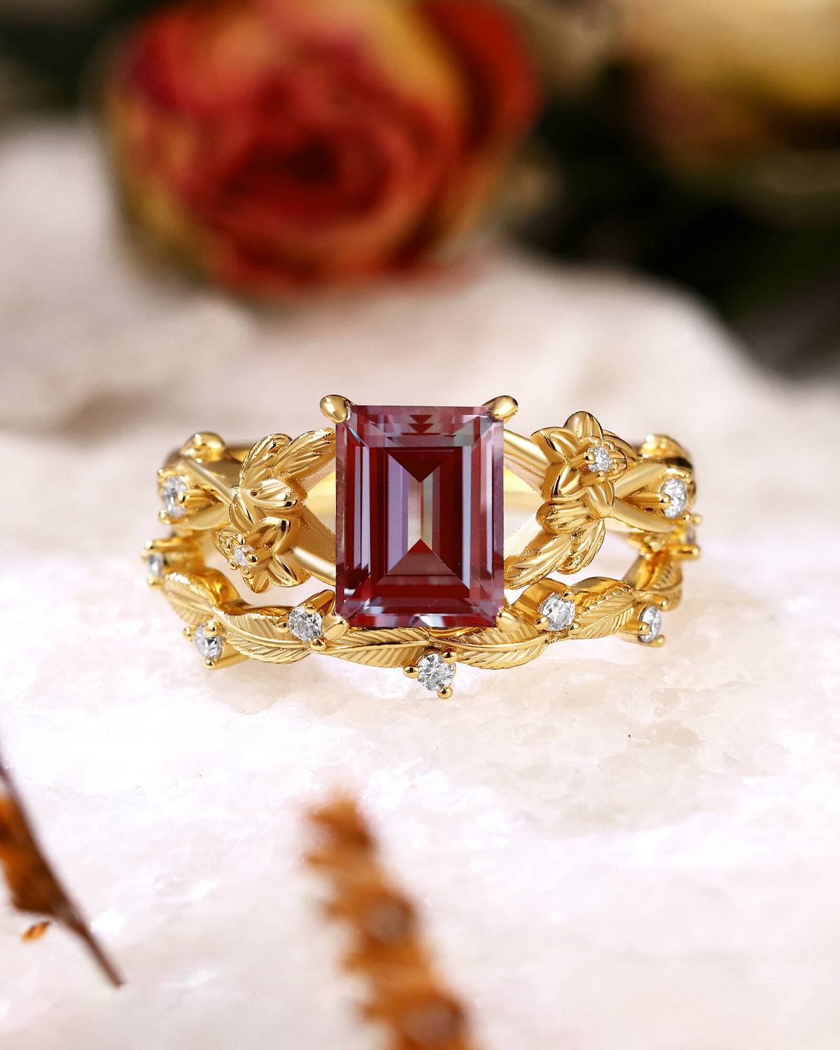 CLEMENTINE Emerald Cut Alexandrite Bridal Ring Set Nature Inspired Leafy Ring Set