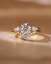 ANNE Round Cut Moissanite Cluster Engagement Ring Set with Curved Wedding Band