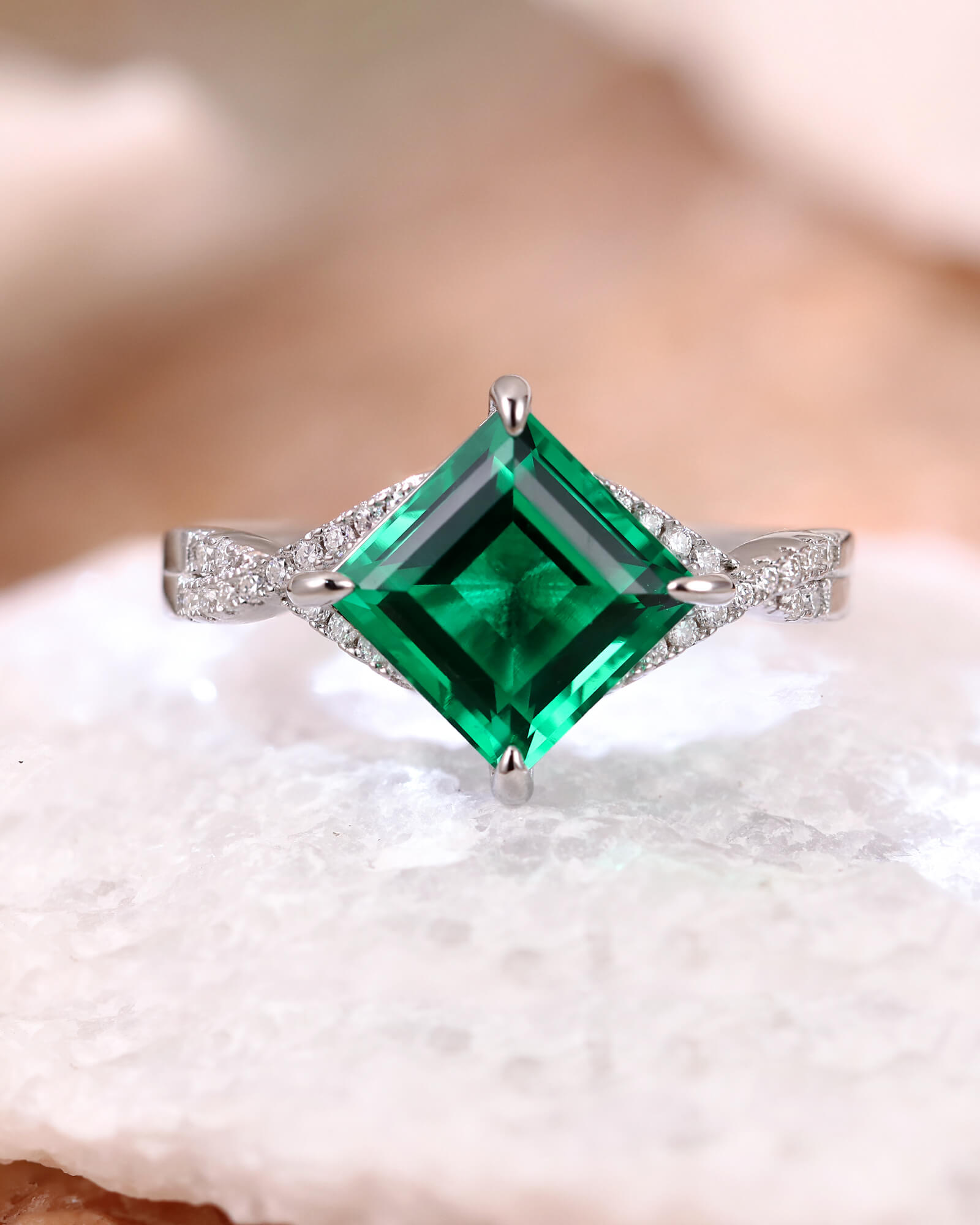 PAVIA Princess Cut Lab Emerald Wedding Ring Infinity Design Pave Promise Ring PAVIA Princess Cut Lab Emerald Wedding Ring Infinity Design Pave Promise Ring