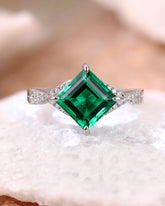 PAVIA Princess Cut Lab Emerald Wedding Ring Infinity Design Pave Promise Ring