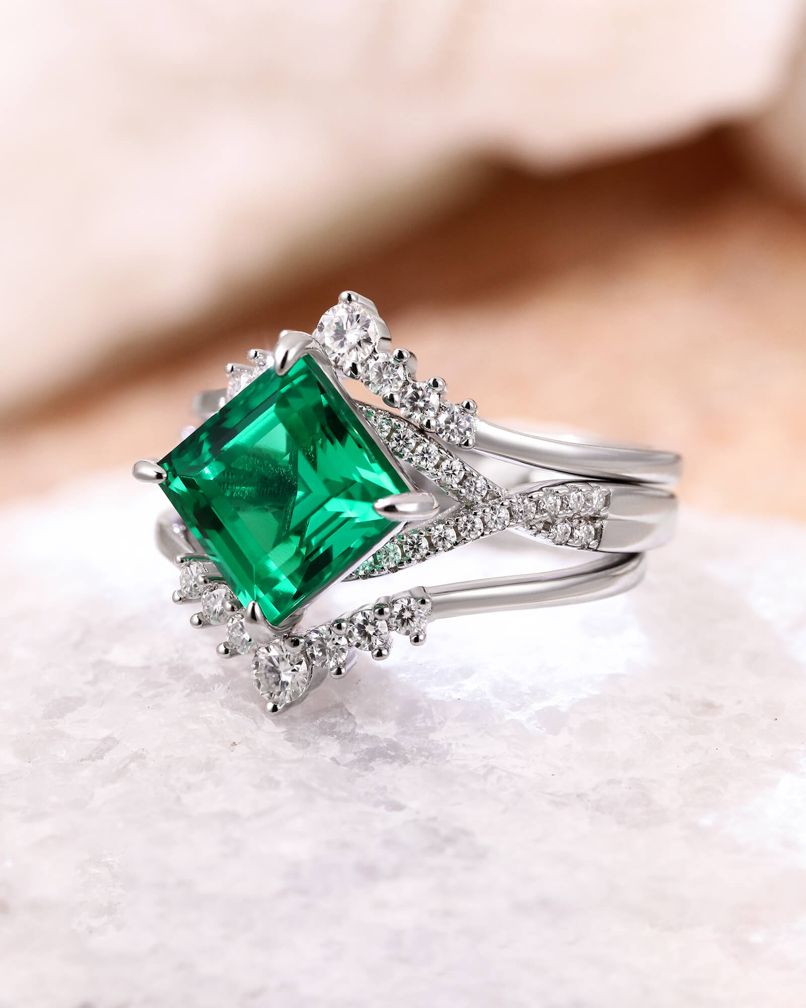 TEVERIA Square Shaped Lab Emerald Engagement Ring Unique Bridal Wedding Set TEVERIA Square Shaped Lab Emerald Engagement Ring Unique Bridal Wedding Set