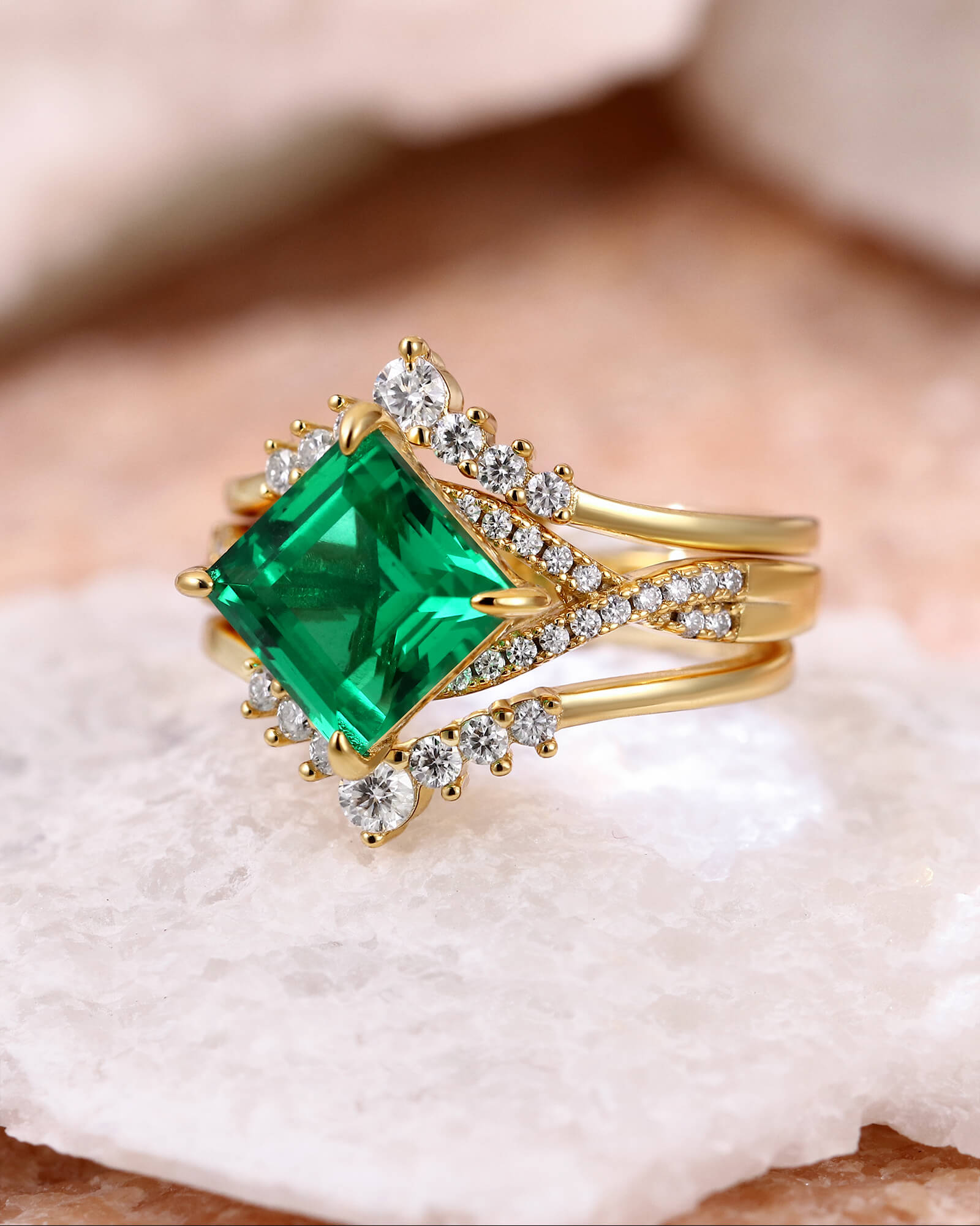 TEVERIA Square Shaped Lab Emerald Engagement Ring Unique Bridal Wedding Set TEVERIA Square Shaped Lab Emerald Engagement Ring Unique Bridal Wedding Set