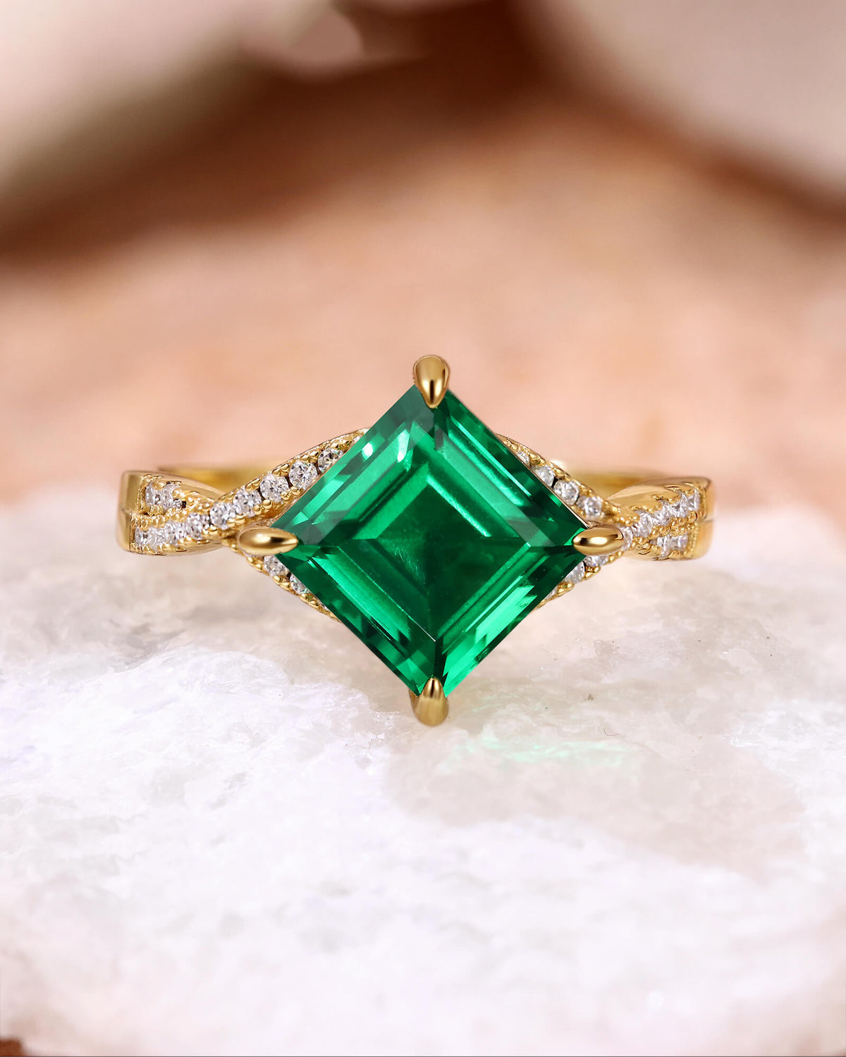 PAVIA Princess Cut Lab Emerald Wedding Ring Infinity Design Pave Promise Ring