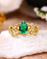 ELLA Pear Shaped Lab Emerald Engagement Ring Nature Inspired Leaf Ring Set