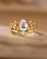 SCARLETT Pear Cut Moissanite Vintage Floral Engagement Ring Set with leaf Wedding Band