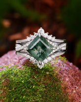 MIRETH Nature Inspired Square Shaped Moss Agate Bridal Ring Set