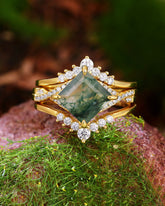 MIRETH Nature Inspired Square Shaped Moss Agate Bridal Ring Set
