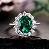 ELIORA Oval Cut Lab Emerald Halo Engagement Ring Unique Promise Ring