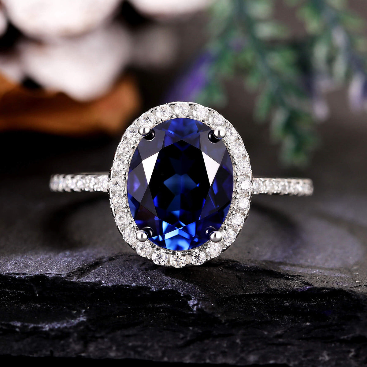 SOLIVINE Oval Cut Sapphire Engagement Ring Moissanite Halo Accented Pave Ring