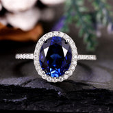 SOLIVINE Oval Cut Sapphire Engagement Ring Moissanite Halo Accented Pave Ring
