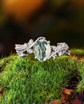 FABIOLA Oval Cut Moss Agate Engagement Ring with Vine Leaf
