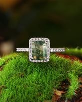 CYBELE Halo Emerald Cut Moss Agate Engagement Ring