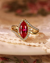 RUFINA Double Sophisticated Bypass Halo Marquise Cut Ruby Engagement Ring