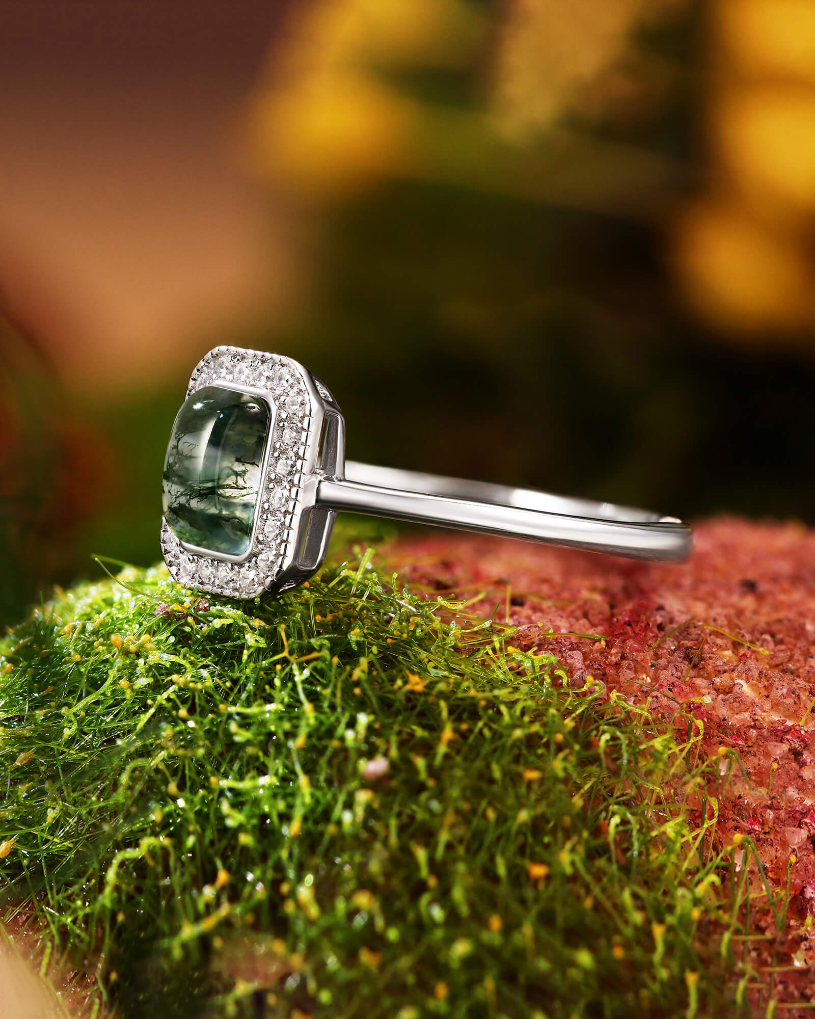 Emerald Shaped Solitaire Promise Ring Bezel Halo Moss Agate Engagement Ring Emerald Shaped Solitaire Promise Ring Bezel Halo Moss Agate Engagement Ring