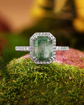 THISTLE Halo Emerald Shaped Moss Agate Engagement Ring