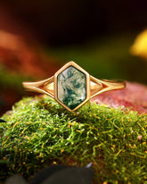 JUKAS Bezel Hexagon Moss Agate Engagement Ring