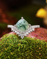 MOSSIRA Cushion Cut Moss Agate Cluster Engagement Ring