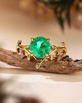 LORELEI Nature Inspired Round Shaped Emerald Leafy Engagement Ring