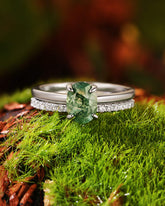 GOLDIE Oval Cut Hidden Halo Moss Agate Ring Set