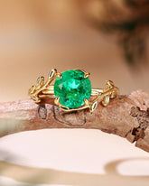 CHLORIS Nature Inspired Round Cut Emerald Leafy Engagement Ring