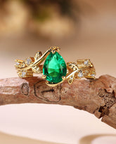 IVARA Nature Inspired Pear Cut Emerald Leafy Engagement Ring