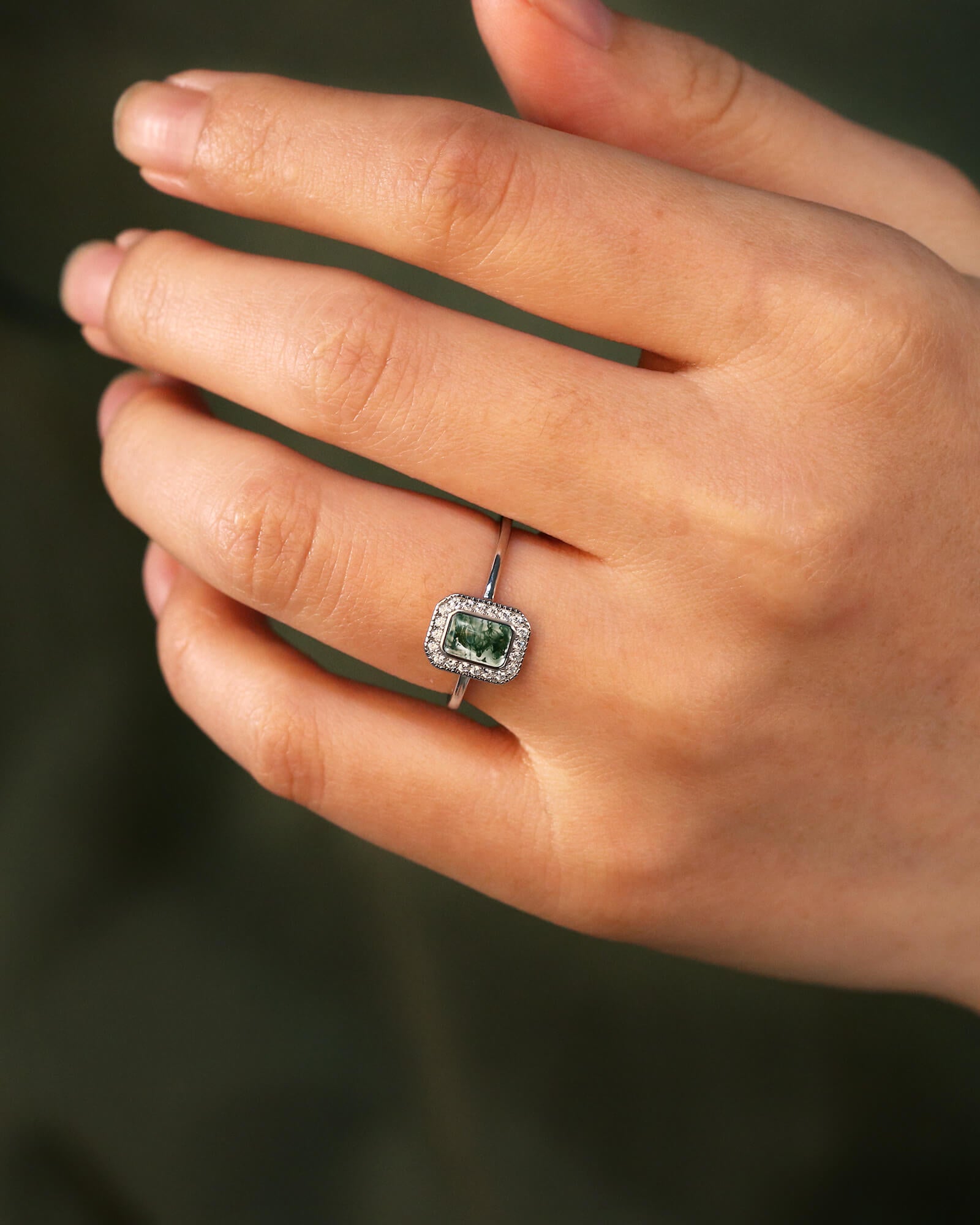 Emerald Shaped Solitaire Promise Ring Bezel Halo Moss Agate Engagement Ring Emerald Shaped Solitaire Promise Ring Bezel Halo Moss Agate Engagement Ring