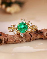 KNIGHT Nature Inspired Round Cut Emerald Branch Leafy Engagement Ring