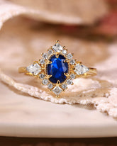 LAPIS Oval Cut Blue Sapphire Vintage Halo Engagement Ring