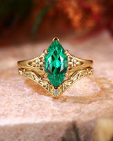 NEPHELE Vintage Marquise Cut Emerald Engagement Bridal Ring Set