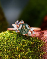 ELEANOR Hexagon Cut Moss Agate Gemstone Cluster Engagement Ring