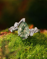 LAVANDE Pear Cut Moss Agate Vine Leafy & Flower Engagement Ring