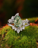 LAVANDE Pear Cut Moss Agate Leafy Flower Engagement Ring Set 2pcs