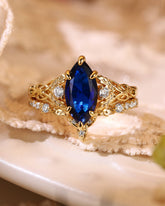LUCILLE Marquise Cut Blue Sapphire Leaf & Knot Love Bridal Set 2pcs