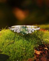 PINE Round Cut Cluster Moss Agate Engagement Ring
