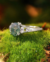 VERENA Moss Agate Oval Cut Art Deco Style Engagement Ring