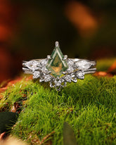 KLARA Unique Moss Agate Kite Cut Vintage nature inspired Ring Set 2pcs