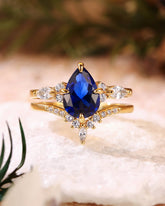 LORRAINE Pear Cut Blue Sapphire Vintage Bridal Set 2pcs
