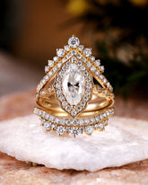 JUNO Vintage Marquise Cut Moissanite Halo Engagement Ring Set 3PCS