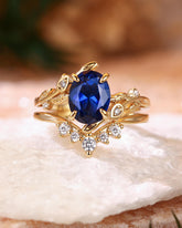 FLORENCE Oval Cut Blue Sapphire Flower Leafy Engagement Ring Set 2pcs