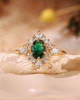 BERYL Oval Emerald Unique Halo Engagement Ring