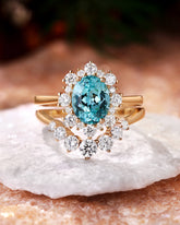 MARIS Unique Halo Moissanite Oval Cut Paraiba Engagement Ring Set 2PCS