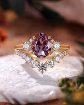 RHIANNON Oval Cut Alexandrite Engagement Ring Set With Moissanite Curved Wedding Band