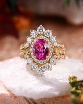 ORIANA Vintage Halo Oval Pink Sapphire Engagement Ring Wedding Ring Set