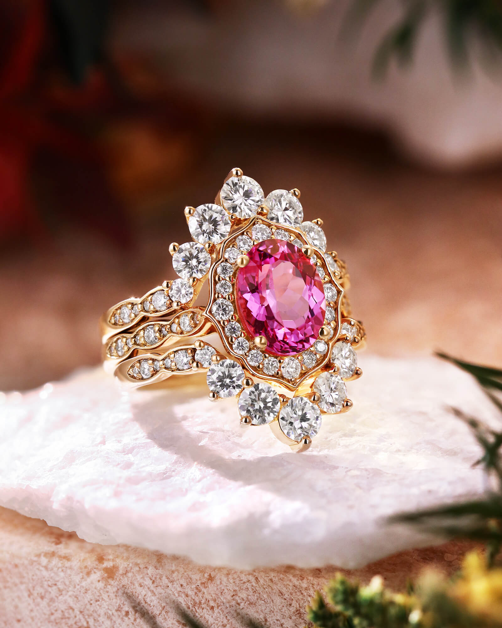 ORIANA Vintage Halo Oval Pink Sapphire Engagement Ring Wedding Ring Set ORIANA Vintage Halo Oval Pink Sapphire Engagement Ring Wedding Ring Set